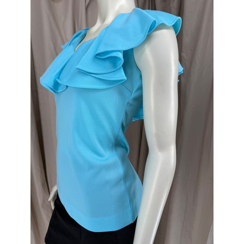 Vintage 1960s Blue Mod Ruffle Top Sz 12 Dramatic Collar Back Zip Blouse